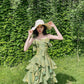 Pretty Irregular Ruffle Spaghetti Straps Green Prom Dresses With Flower Long Birthday Dress SH2894