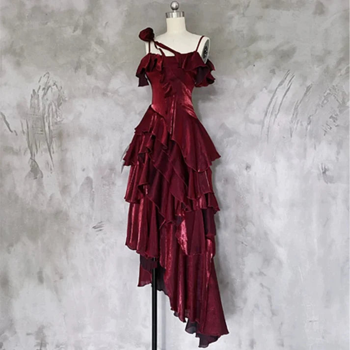 Pretty Irregular Ruffle Spaghetti Straps Burgundy Prom Dresses With Flower Long Birthday Dress SH2896
