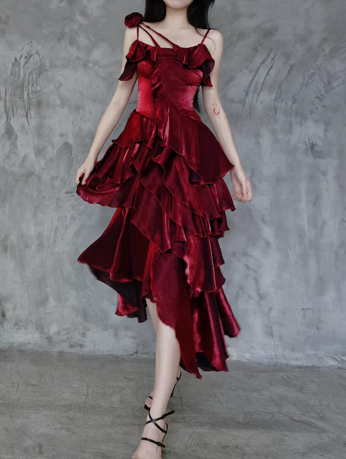 Pretty Irregular Ruffle Spaghetti Straps Burgundy Prom Dresses With Flower Long Birthday Dress SH2896