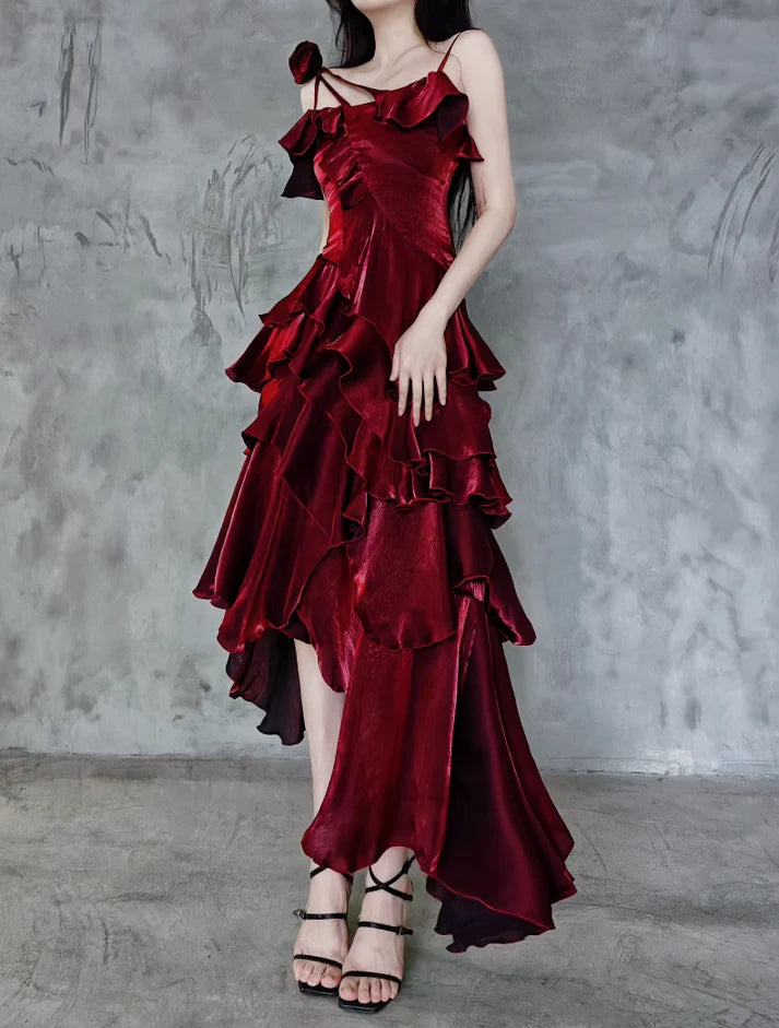 Pretty Irregular Ruffle Spaghetti Straps Burgundy Prom Dresses With Flower Long Birthday Dress SH2896