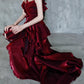 Pretty Irregular Ruffle Spaghetti Straps Burgundy Prom Dresses With Flower Long Birthday Dress SH2896