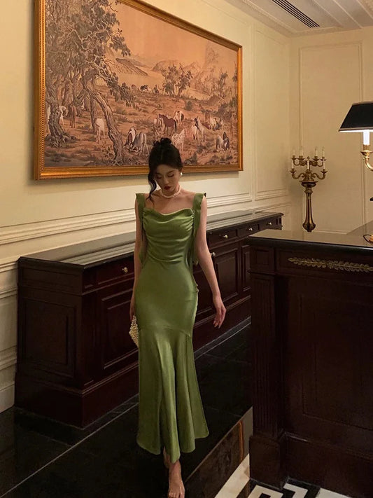 Classy Mermaid Straps Green Satin Long Evening Dresses Birthday Outfits SH2893
