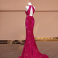 Barbie Pink Mermaid Halter Sequin Open Back Long Prom Dress Party Dress SH4363