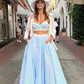 Two Piece A Line Spaghetti Strap Lace Blue Satin Long Evening Dress Outfits SH2006