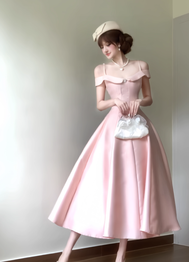 Princess Pink A Line Off the Shoulder Satin Long Party Dress Evening Dress SH3381