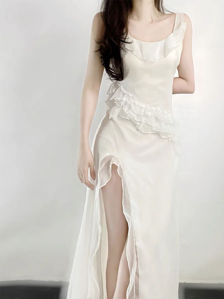 Sexy White Chiffon Long Prom Dress Slit Evening Dress SH1402