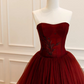 Burgundy Strapless Sleeveless Beading Tulle Prom Dress SH1878