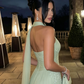 Sage Green A Line One Shoulder Embroidery Chiffon Prom Dress Evening Dress SH5620