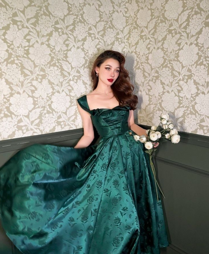 Charming A Line Strap Print Flower Green Satin Long Evening Dress Party Dress SH2709