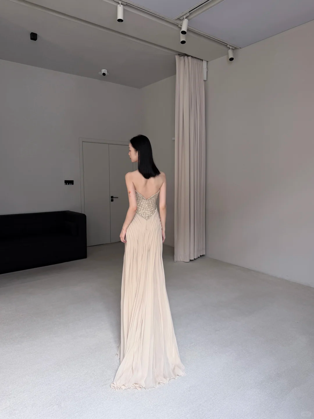 Gentle A Line Strapless Exquisite Beaded Nude Chiffon Prom Dress Evening Dress SH7717
