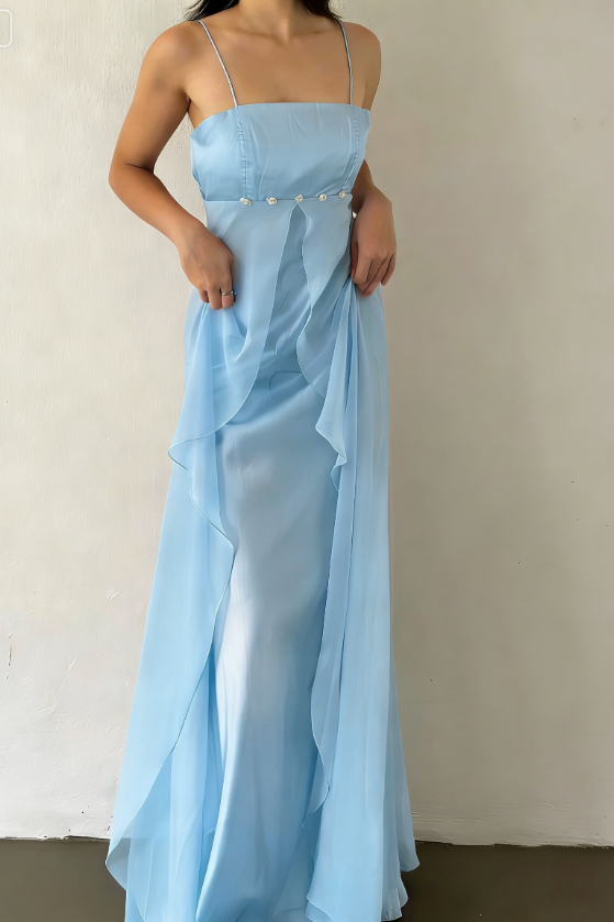 Lilac A Line Spaghetti Strap Satin Tulle Long Prom Dress Evening Dress SH2481