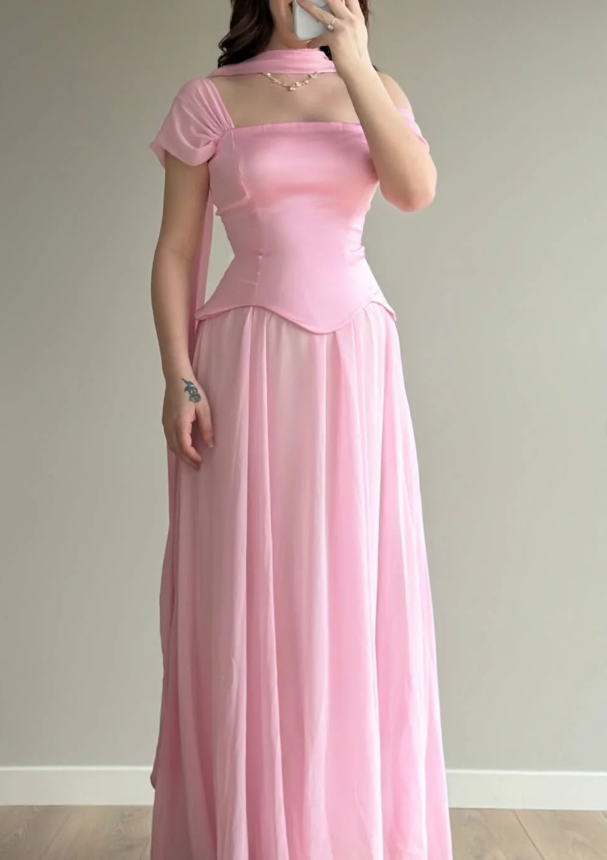 Simple Pink A Line Off the Shoulder Chiffon Satin Prom Dress Wedding Guest Dress SH5420