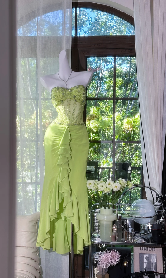 Vintage Green Mermaid Sweetheart Neck Beaded Ruffle Chiffon Prom Dress SH5122