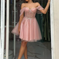 Stunning Pink Sequins Strapless Short A Line Prom Dress with Beadings SH7514