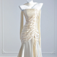 Ivory White Mermaid Spaghetti Straps Pleated Satin Long Prom Dress Party Dress SH4367