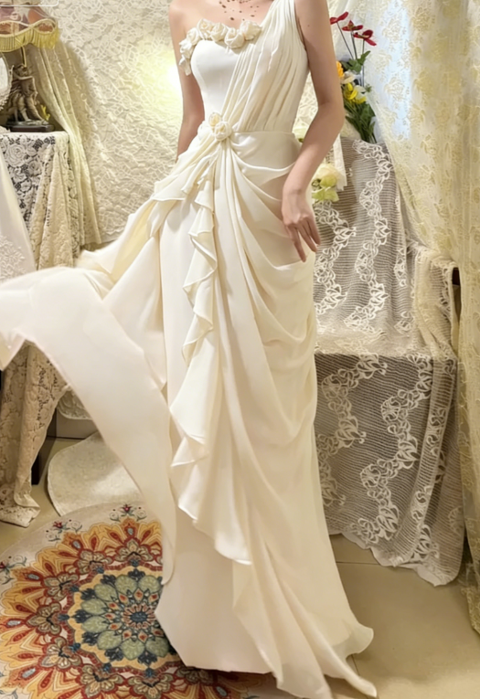 Gentle Pink One Shoulder Floral Pleated Chiffon Long Prom Dresses 16th Birthday Dresses SH4637