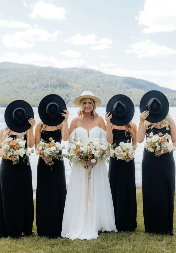 Black Elastic Satin Spaghetti Strap Side Slit Long Bridesmaid Dresses SH5588