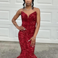Red Strapless Sequin Mermaid Prom Dress Long Evening Dress SH934