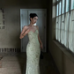 Sage Green Sheath Spaghetti Strap Beaded Print Satin Backless Prom Dress Evening Dress SH8781