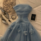 Blue A Line Strapless Simple Floral Tulle Prom Dress Evening Dress SH5528