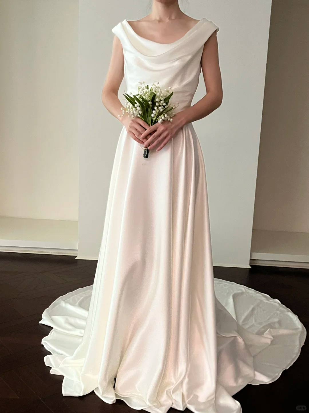 Simple A Line Round Neck White Satin Wedding Dress SH4998