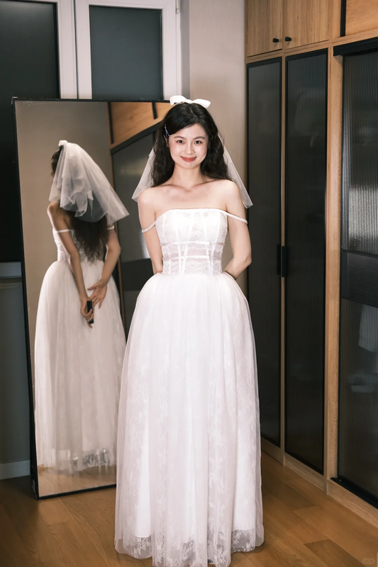 Pretty White A Line Spaghetti Strap Lace Long Prom Dress Wedding Dress SH4189