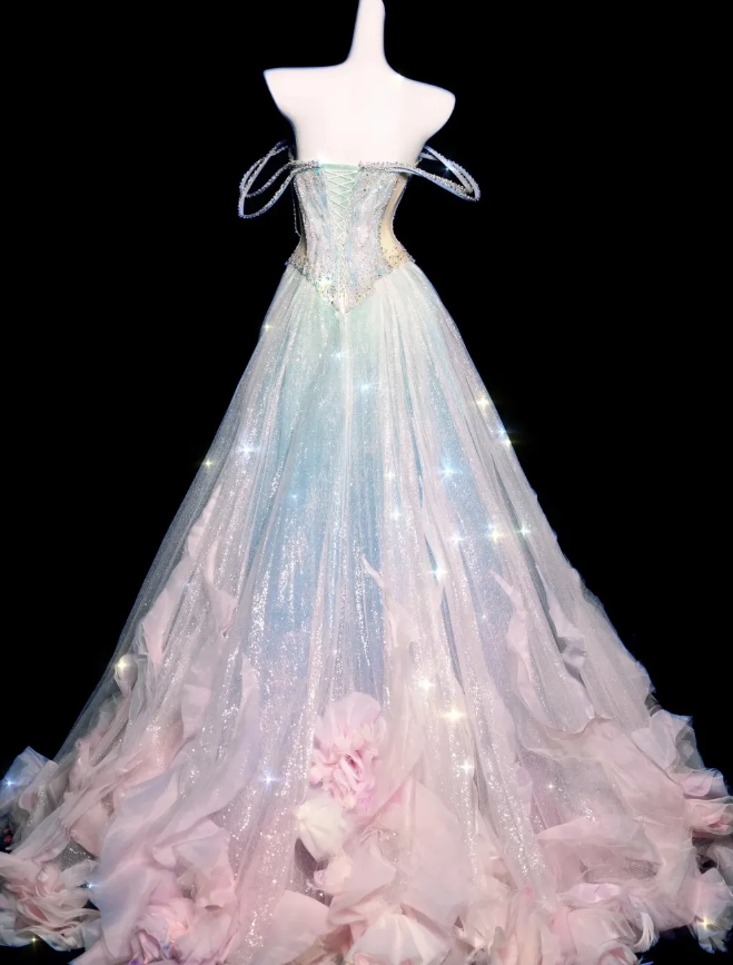 Dreamy A Line Straps Ruffle Sequin Pink Blue Tulle Long Prom Dress SH3245