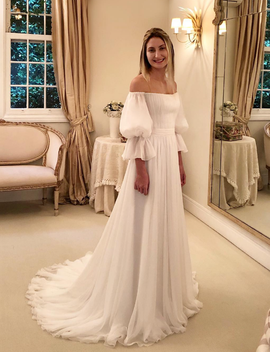 Gentle A Line Long Sleeve White Chiffon Long Wedding Dress SH5309