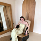 Vintage Light Yellow Sheath Strapless Beaded Satin Prom Dress Wedding Guest Dress SH4559