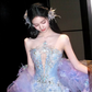 Purple Ball Gown Strapless Beaded Ruffle Tulle Long Sweep Prom Dress 16th Birthday Dress SH4650