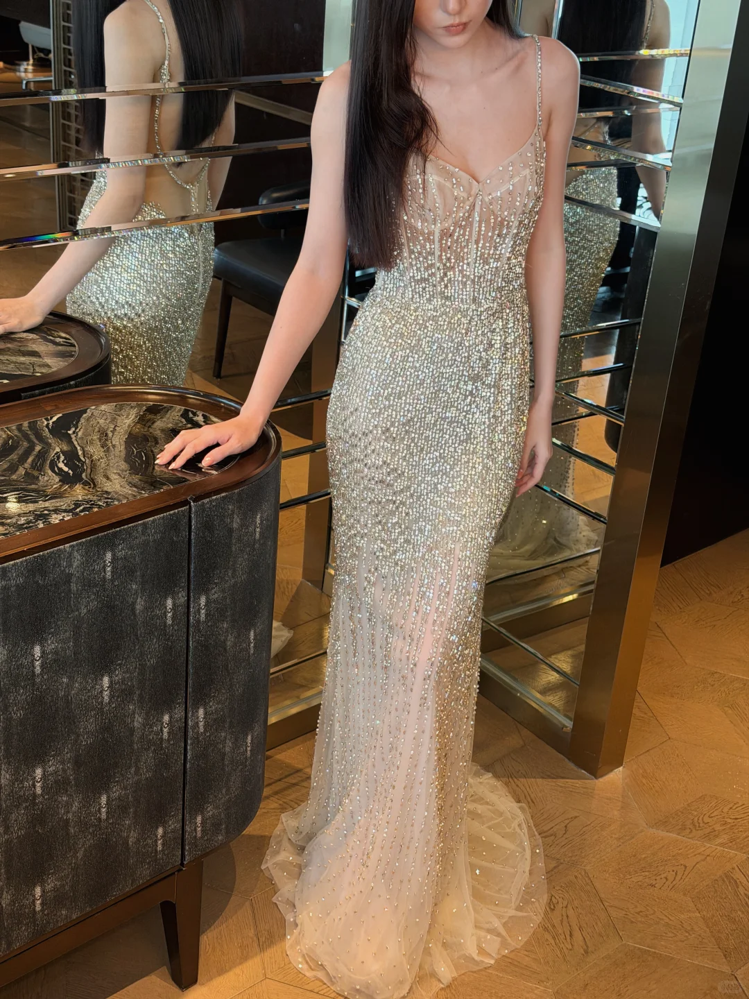 Stunning Sheath Spaghetti Strap Shiny Rhinestone Tulle Prom Dress Evening Dress SH7719