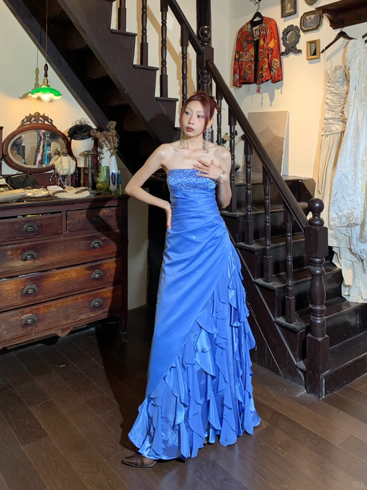 Vintage A Line Strapless Beaded Sequin Ruffle Blue Satin Long Prom Dress Party Dress SH3035