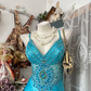 Bright Blue Vintage Mermaid Straps Beaded Satin Long Gradation Prom Dress with Slit SH5363