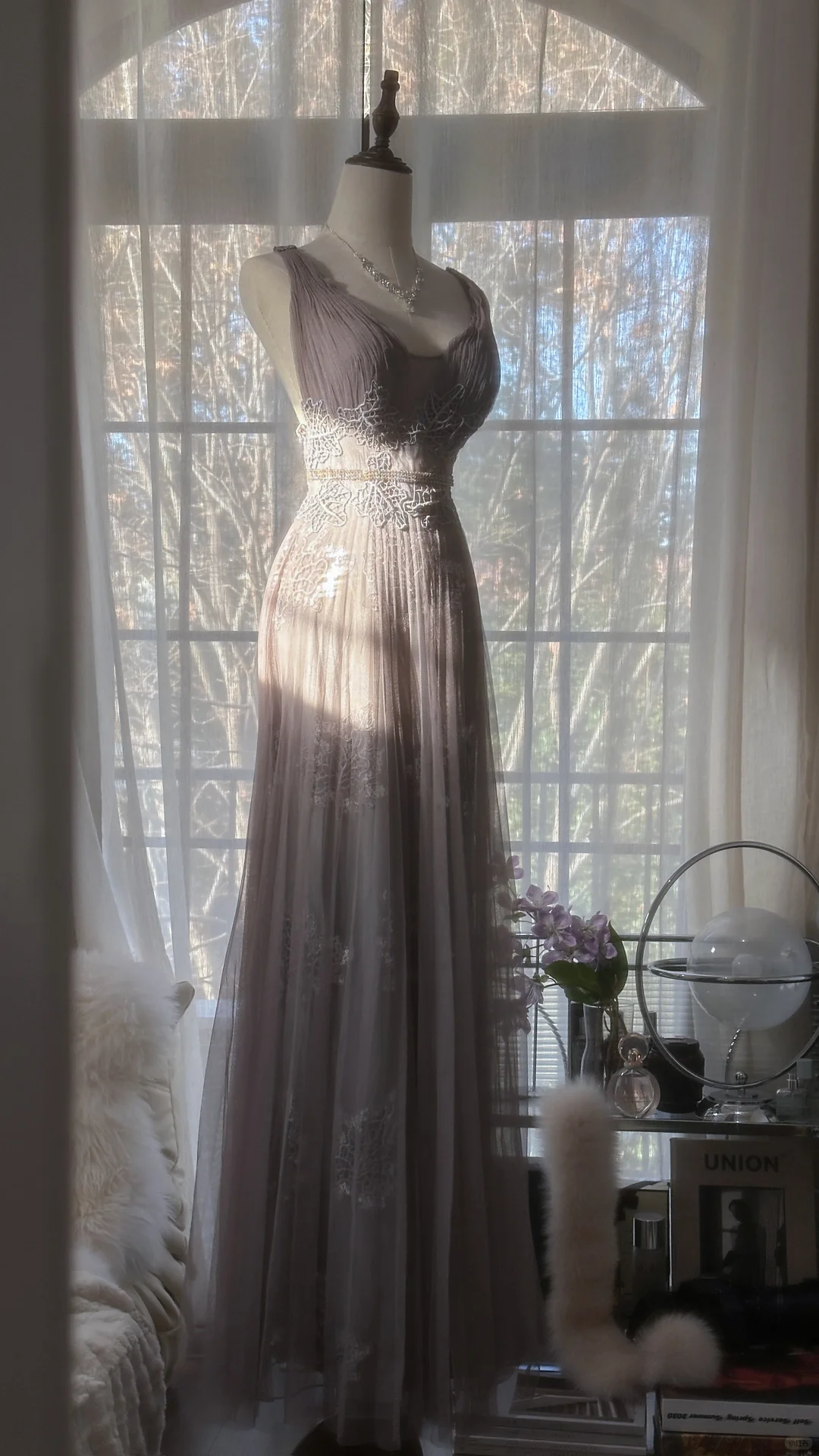 Stunning A Line V Neck Appliques Purple Tulle Long Prom Dress Evening Dress SH2970