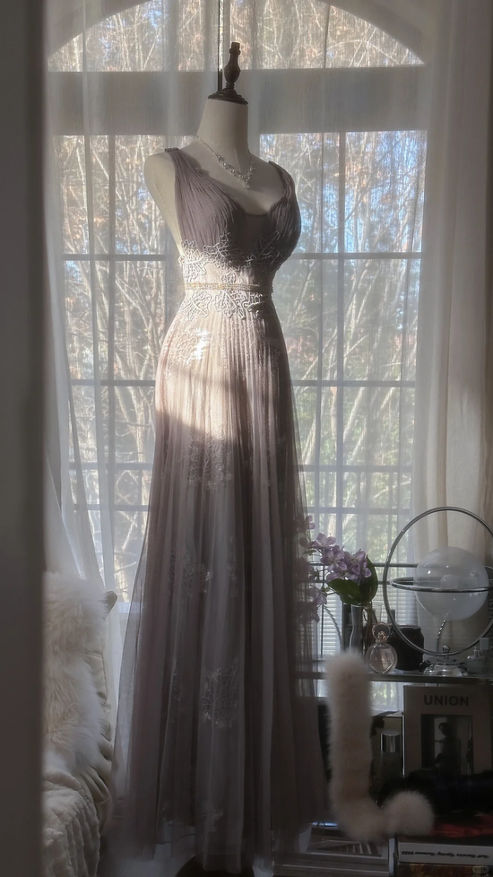 Purple A-line V Neck Tulle Prom Dress,Purple Evening Dress  Y2884 main image 1