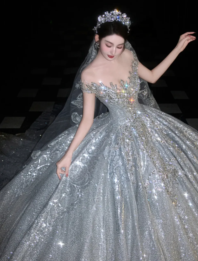 Shiny Rhinestone Beaded Silver Sequin Ball V Neck Prom Dress Evening Dress Party Dress SH3613