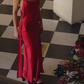 Sexy Red Sheath Straps Satin Open Back Long Wedding Guest Dress Party Dress SH3309