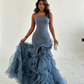 Amazing Dusty Blue Sleeveless Strapless Long Prom Dress with Ruffles SH5461