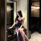 Purple A Line Spaghetti Strap Black Lace Satin Prom Dress with Slit SH5226