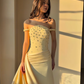 Princess Yellow A Line Off the Shoulder Beaded Satin Long Prom Dress Evening Dress SH6745