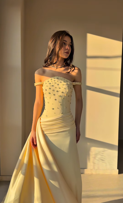 Princess Yellow A Line Off the Shoulder Beaded Satin Long Prom Dress Evening Dress SH6745