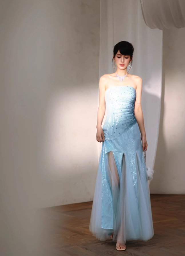 Blue Classy A Line Strapless Sequin Tulle Long Evening Dress Gown Dres