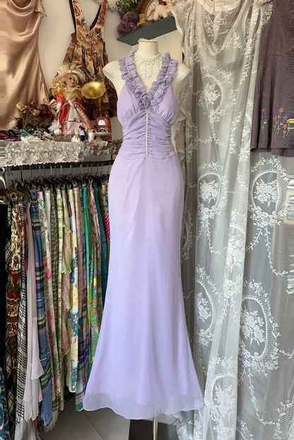 Lilac Vintage Mermaid V Neck Ruffle Chiffon Graduation Prom Dress SH5373