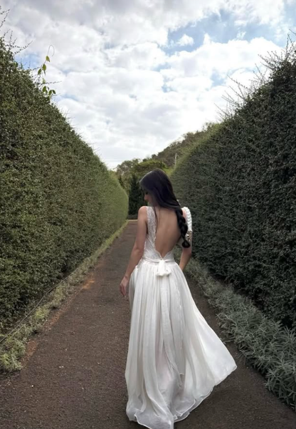 Elegant A Line Straps White Lace Satin Backless Long Prom Dress Evening Dress SH8796