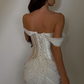 Pretty Sheath Off the Shoulder Beaded White Tulle Satin Prom Dress Evening Dress SH8540