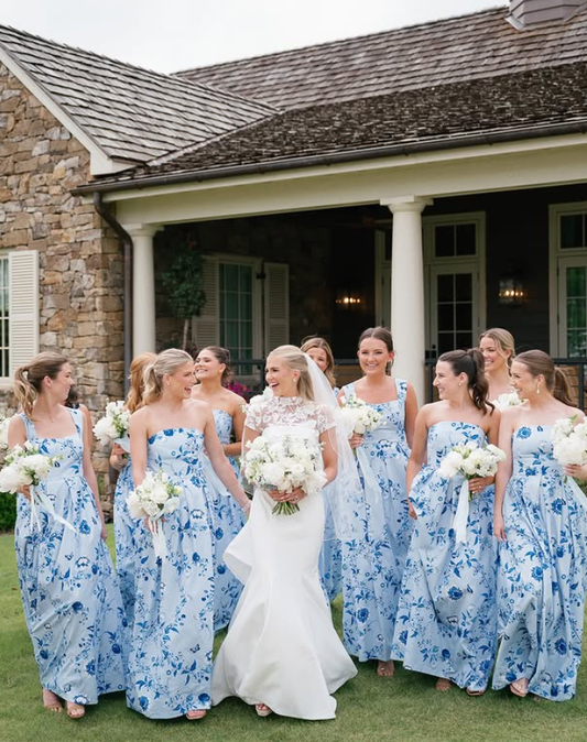 Blue Print Floral A Line Strapless Satin Long Bridesmaid Dress SH6319