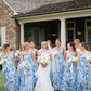 Blue Print Floral A Line Strapless Satin Long Bridesmaid Dress SH6576