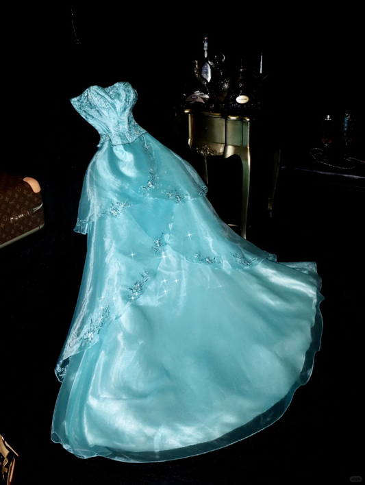 Blue Princess A Line Sweetheart Neck Beaded Layered Organza Prom Dress Wedding Guest Dress SH4538