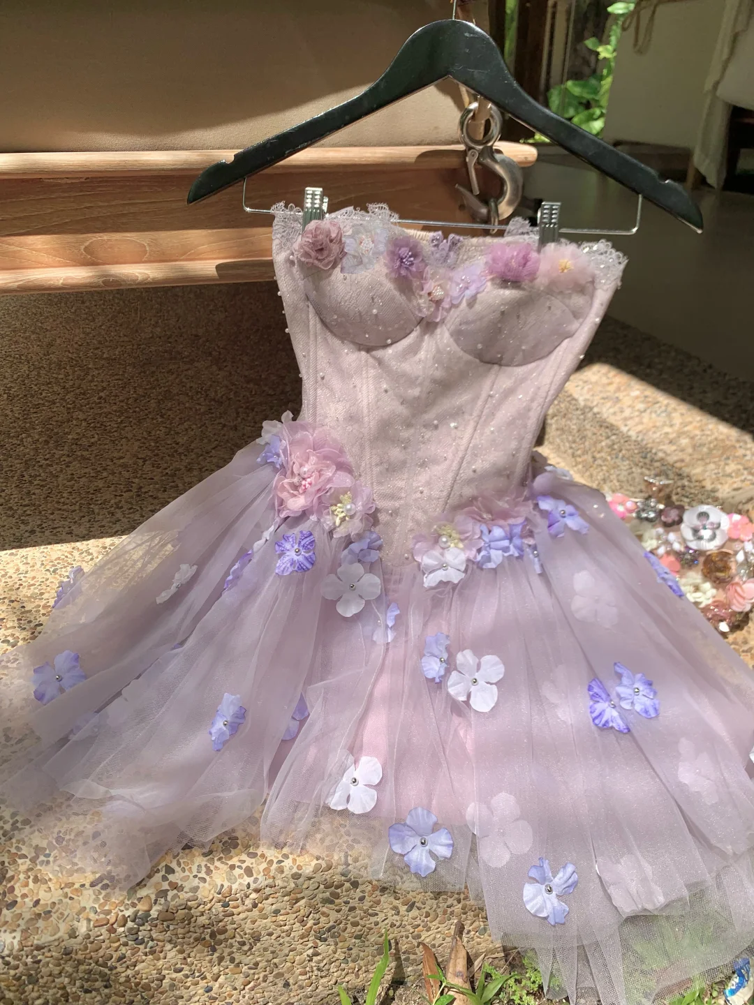Dreamy Purple A Line Strapless Floral Tulle Short Prom Dress Homecoming Dress SH7177