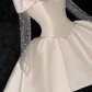 Cute A Line Off the Shoulder Beaded Ivory Satin Tulle Short Homecoming Dress Birthday Dress SH3099